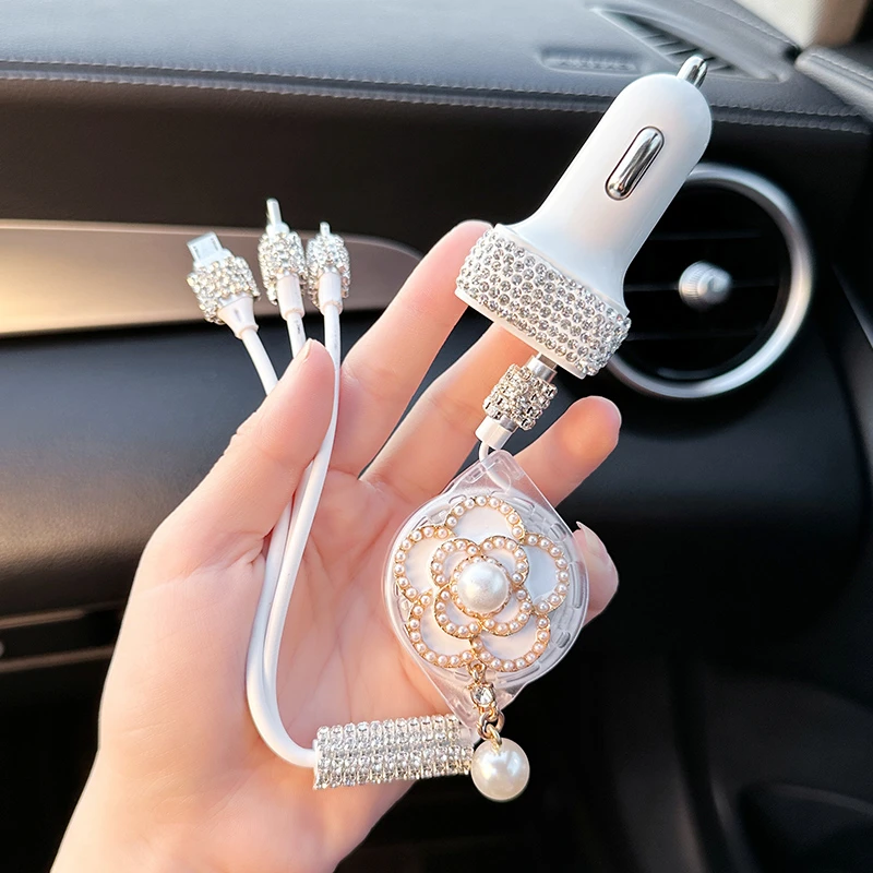 车载充电器快充点烟器轻奢汽车一拖三多功能伸缩一线手机数据线女