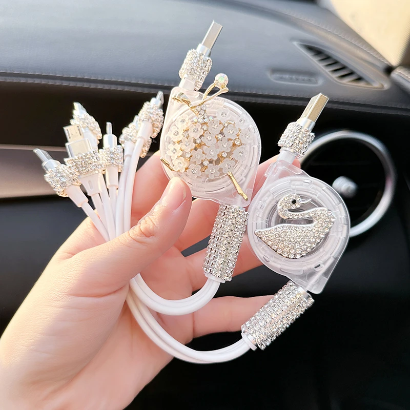 车载可爱多功能伸缩三合一可爱一拖点烟器轻奢时尚手机车载充电器