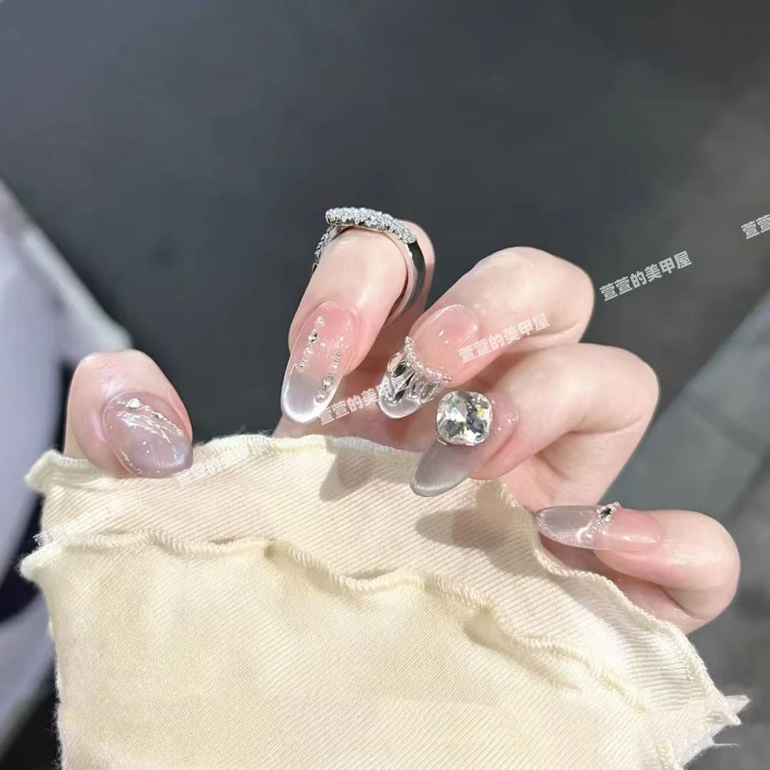 纯手工光疗美甲果冻贴片灰蓝碎钻假指甲成品穿戴甲美白简约