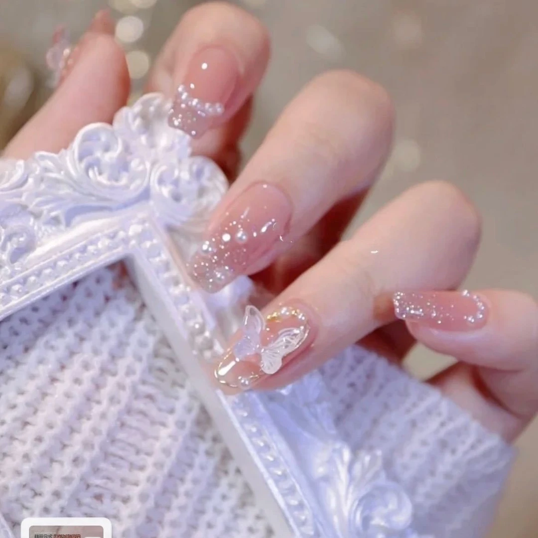 纯手工光疗裸透蝴蝶美甲贴果冻贴片指甲成品穿戴甲美白简约气质