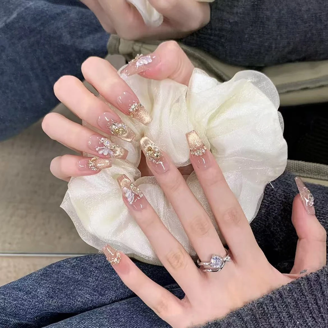 烫金蝴蝶纯手工光疗美甲贴果冻贴片指甲穿戴甲简约梯形重复