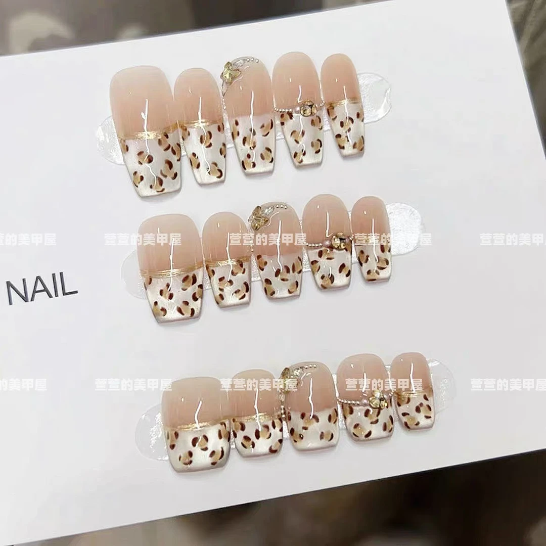 粉豹纹 纯手工光疗美甲贴果冻贴片指甲穿戴甲简约梯形重复