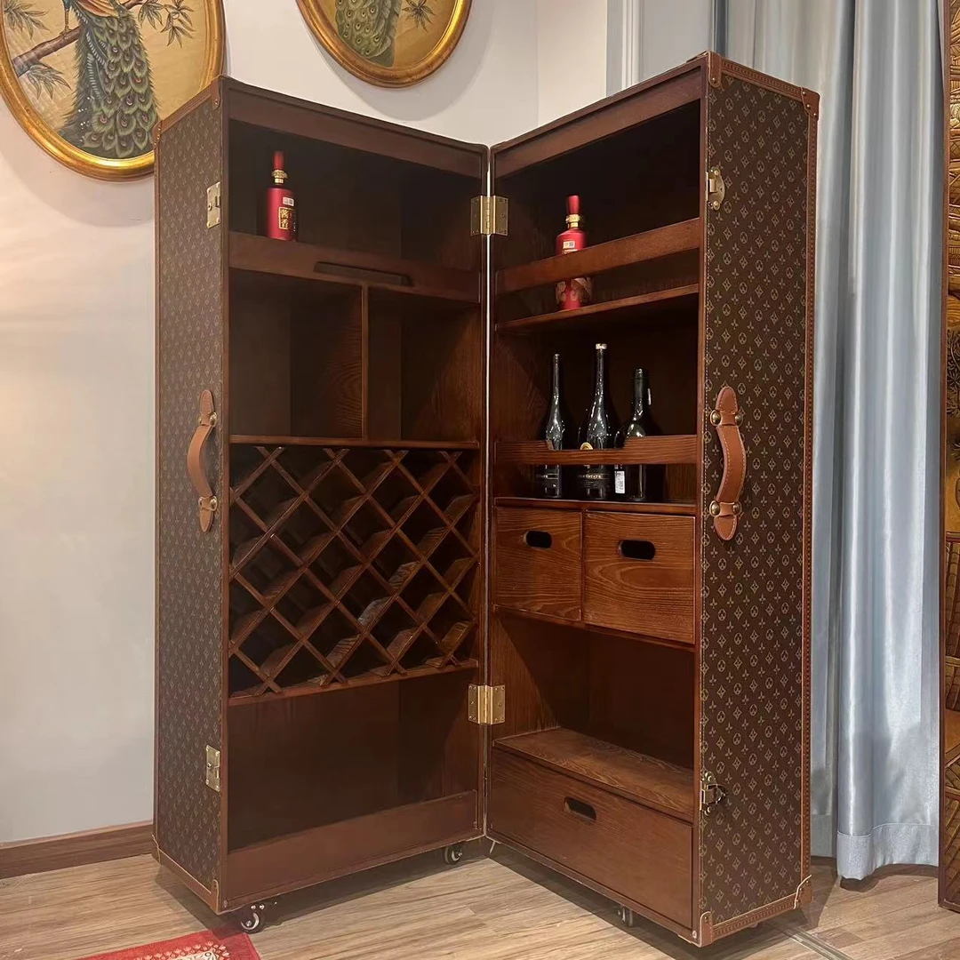 【香榭丽舍移动酒柜】中古风马鞍皮移动复古酒柜玄关柜