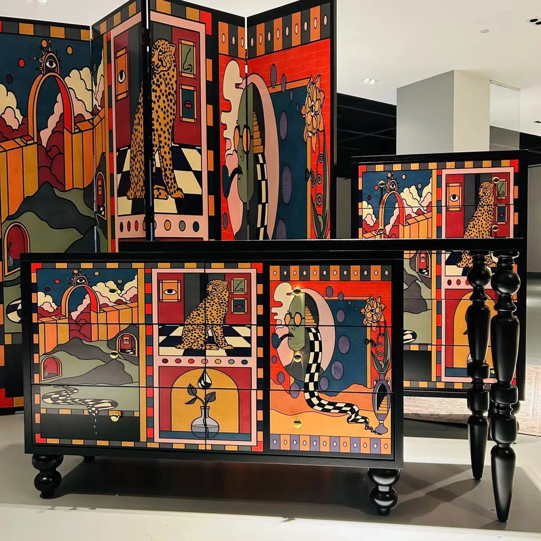 法式复古个性国风创意梳妆台抽象猎豹古风隔断化妆桌