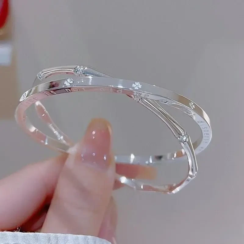 双环四叶草竹节银手镯女999纯银实心足银闭口镯子送女友