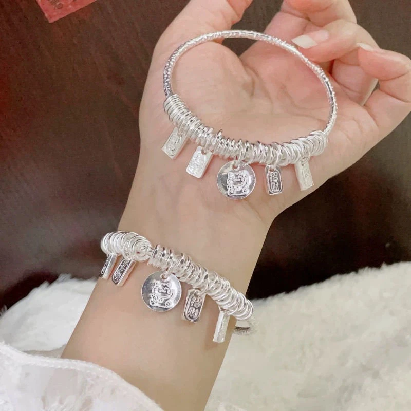 足银手镯 足银9999纯银串珠盘缠吉言银手镯女平安喜乐招财猫银镯