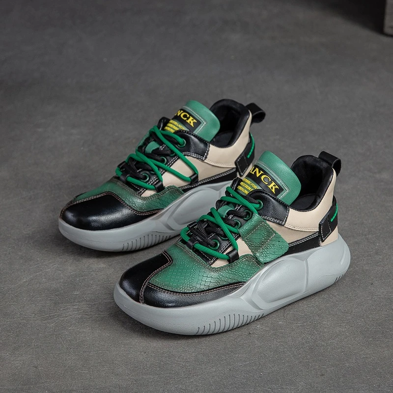 福利补贴！真皮头层牛皮女鞋休闲拼色复古高帮厚底老爹鞋百搭短靴