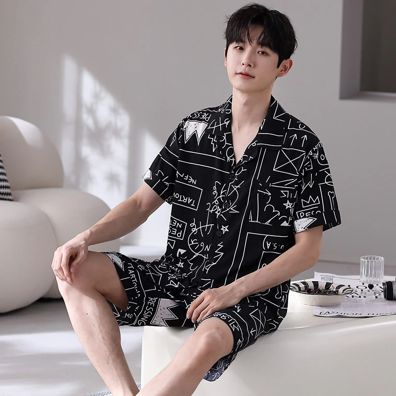 夏季开衫反领睡衣男款薄款休闲冰爽丝短袖家居服