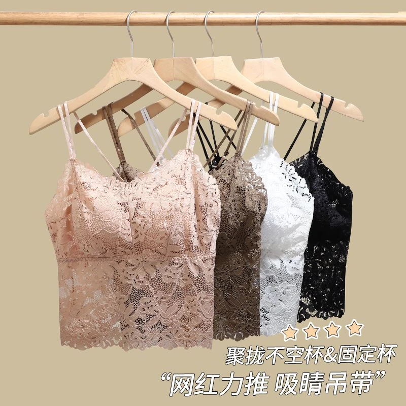 蕾丝美背外穿大码吊带女士2025爆款固定一体杯带胸垫背心夏季薄款