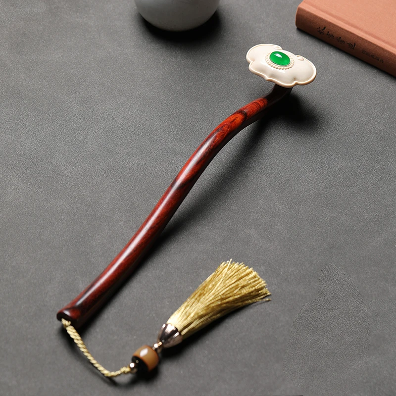 小叶紫檀如意嵌猛犸手把件木制灵芝实木红木痒痒挠木雕手持檀木