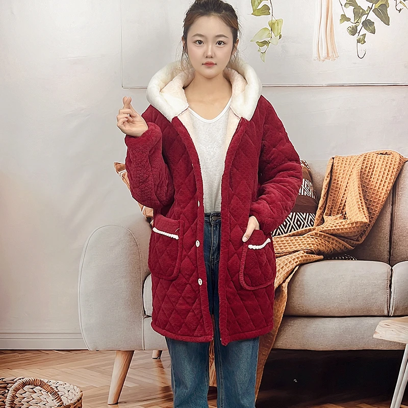 冬季加绒加厚保暖罩衣家居服睡衣外穿连帽外套女三层工作服中长款