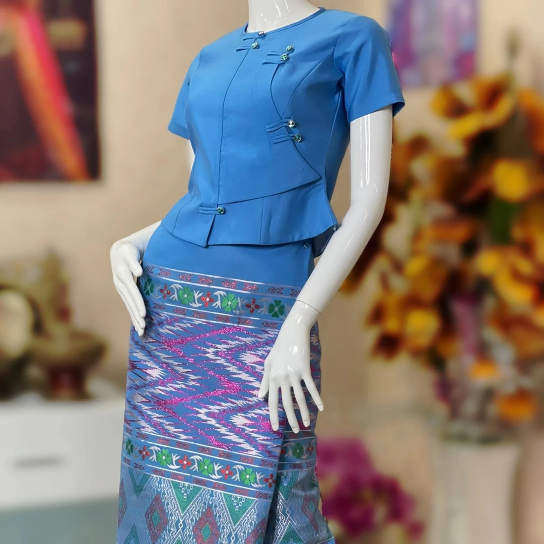 傣族服装女装少数民族传统服饰优雅气质蓝色系扣上衣系带织布筒裙