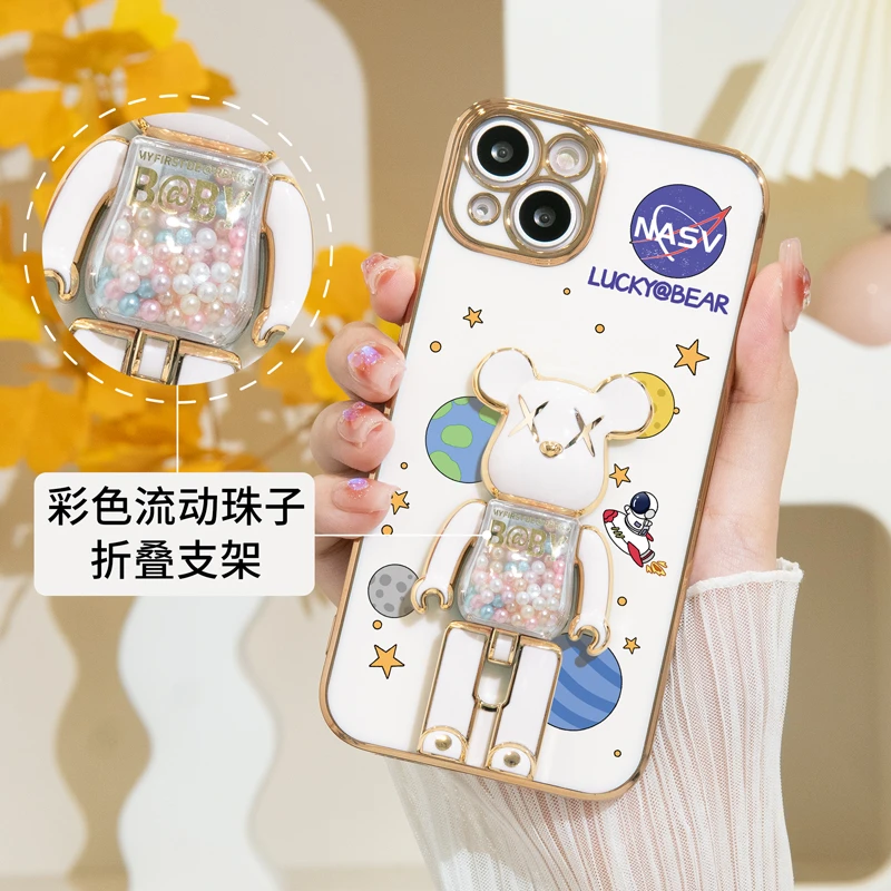 【苹果/华为/oppo/vivo/小米】简约宇宙星星流珠xx熊支架电镀软壳