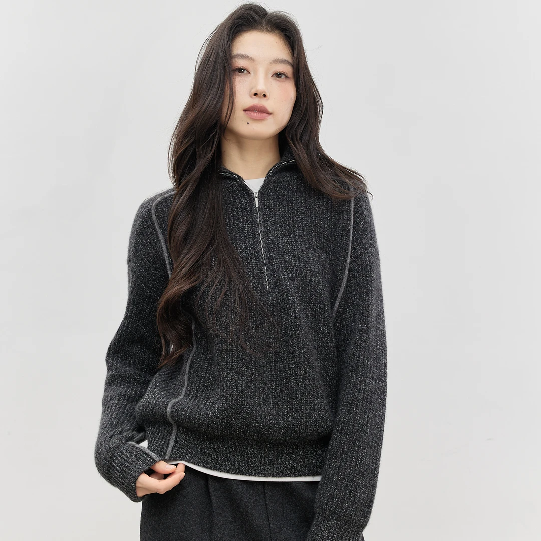 洪陵纯山羊绒拉链套头衫7357