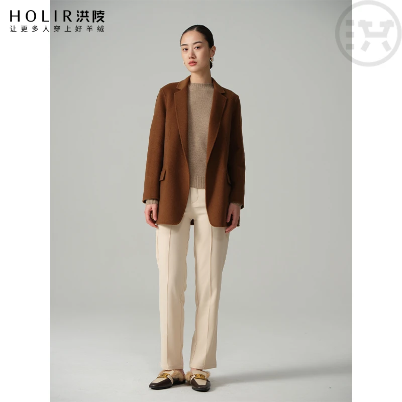 洪陵【仅剩1件/女王盛宴】通勤风羊绒短款西装领商务毛呢大衣女1052
