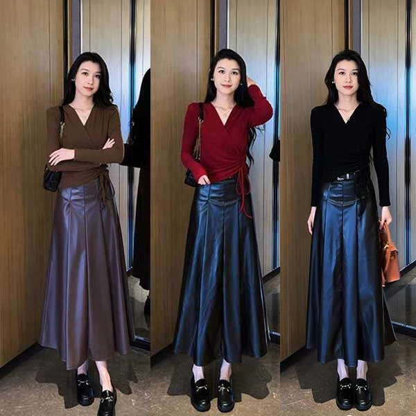 秋季新款V领长袖修身针织衫+高腰显瘦A字显瘦半身皮裙套装