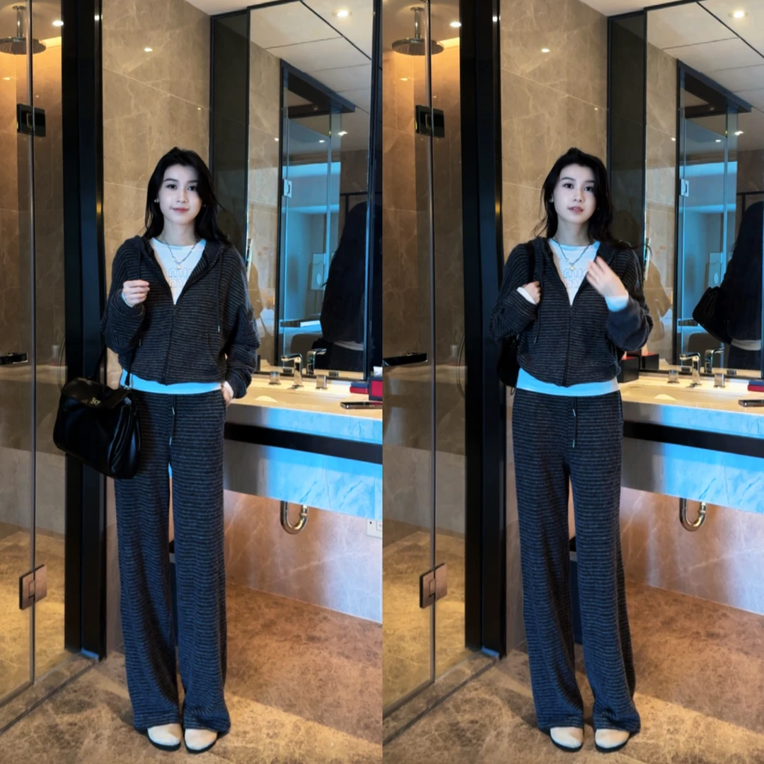 懒人穿搭休闲松弛感条纹套装+长袖白T恤三件套