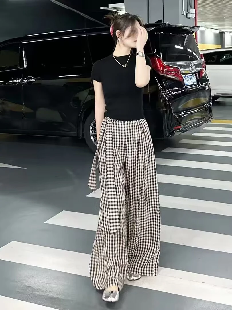 夏季新款气质显瘦圆领短袖T恤修身上衣显瘦高腰直筒休闲格子裤女