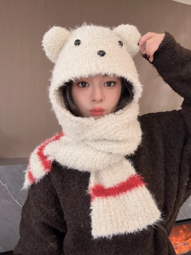 霁雪西子【帽子围巾两件套】秋冬保暖可爱毛线帽女显脸小护耳套头帽