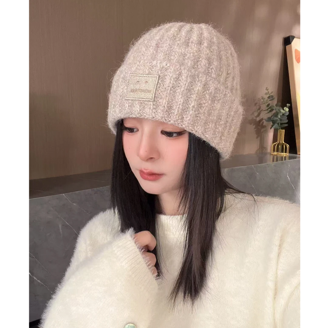 【亮片笑脸标羊毛针织帽】秋冬百搭显脸小帽子时尚氛围感针织毛线帽