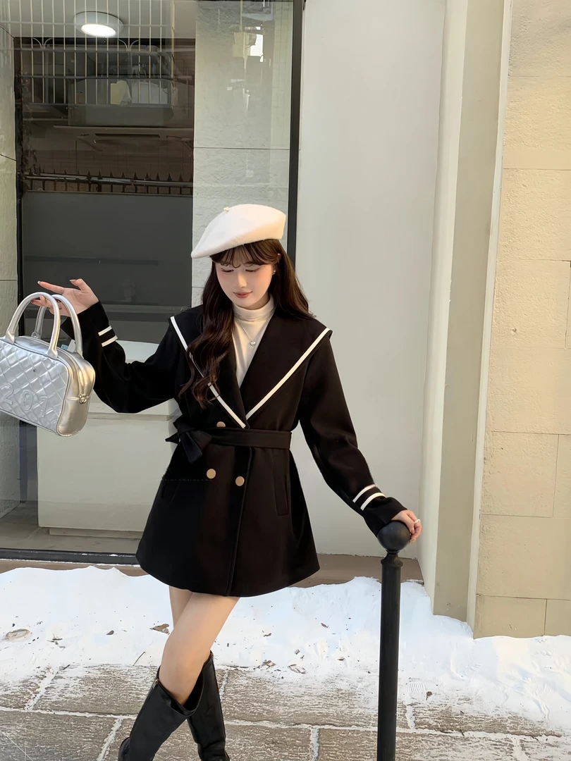 设计感海军领时尚减龄中长款毛呢外套女2024秋冬小个子斗篷外套女