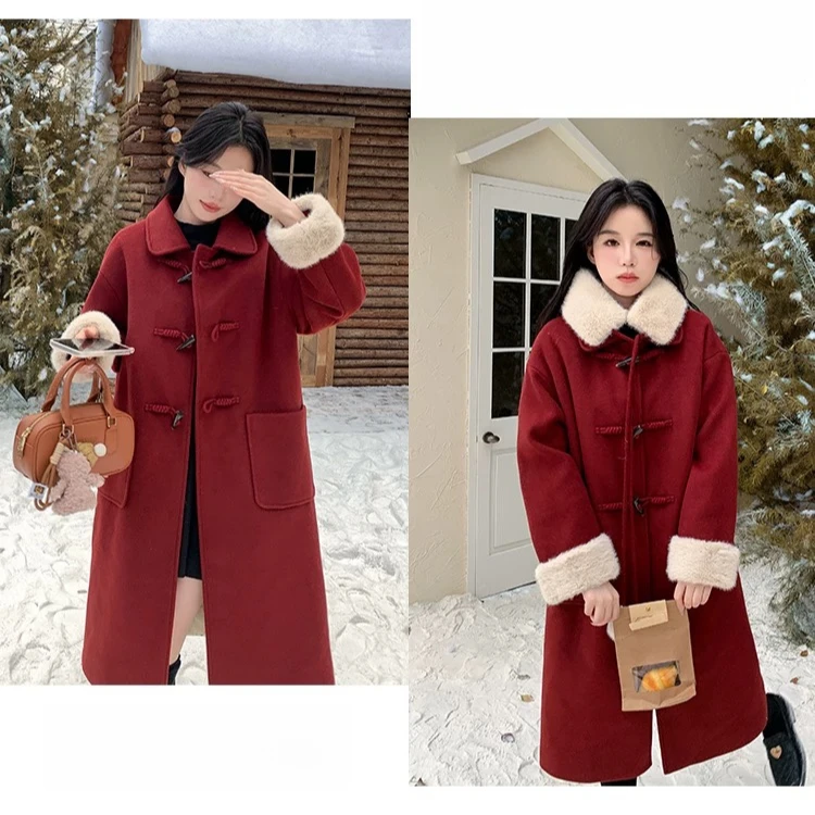 圣诞战袍毛领牛角扣呢子大衣2024冬季新款宽松长款毛呢外套女爆款