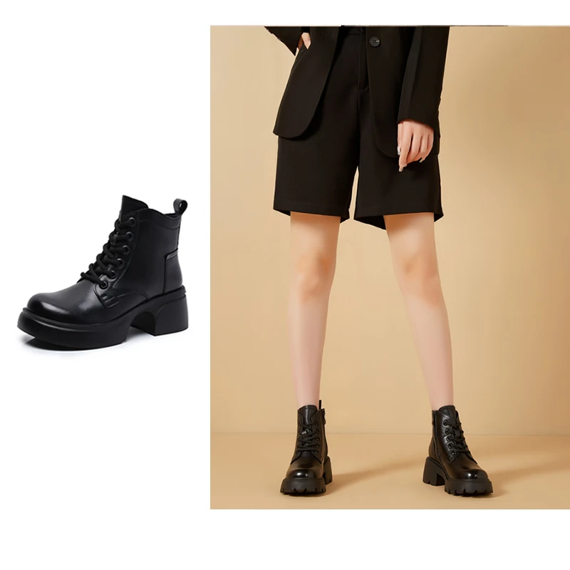 【爆款】头层牛皮短靴2025新款正品美拉德真皮面增高小个子马丁靴女