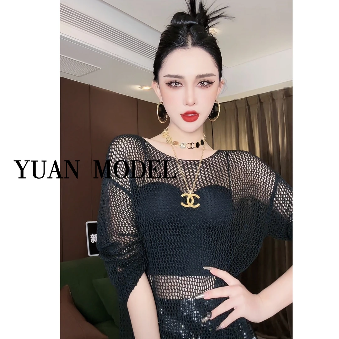 【YUAN MODEL】媛老板高定轻奢风罩衫镂空长袖T恤上衣-B825029