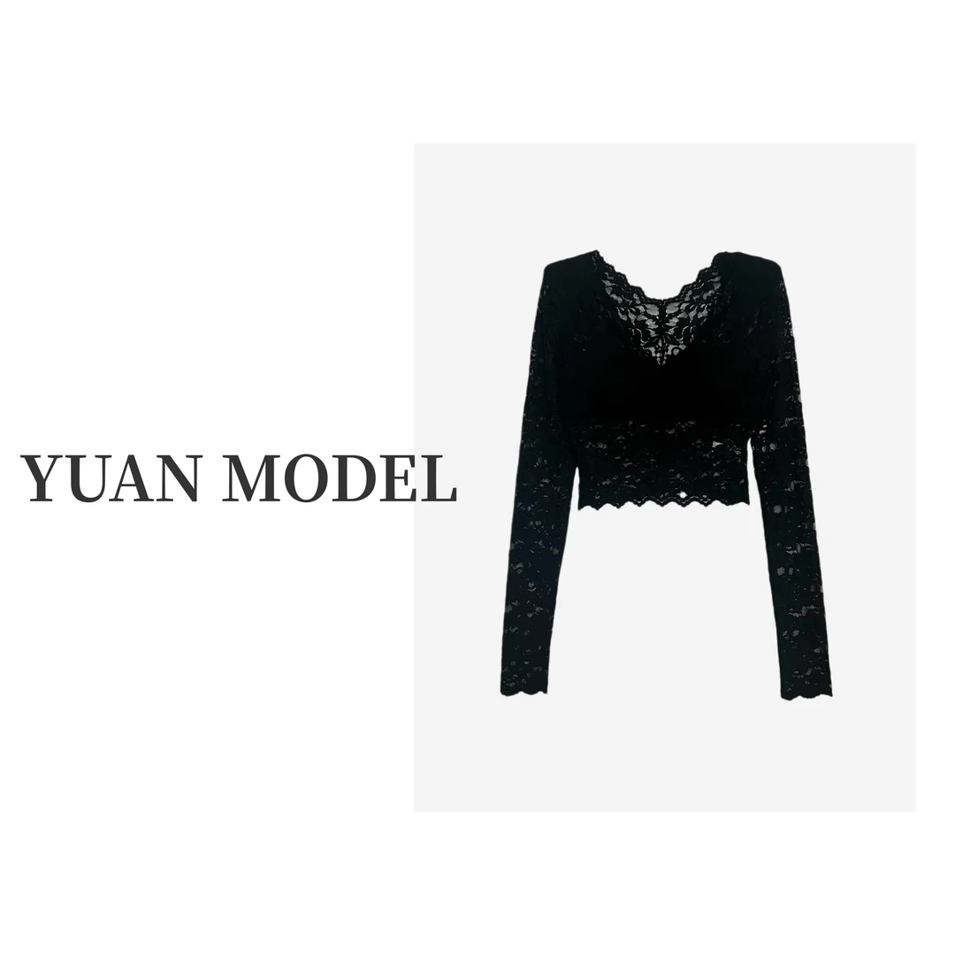 【YUAN MODEL】媛老板-蕾丝胸垫V领气质黑色长袖T恤打底衫B101242