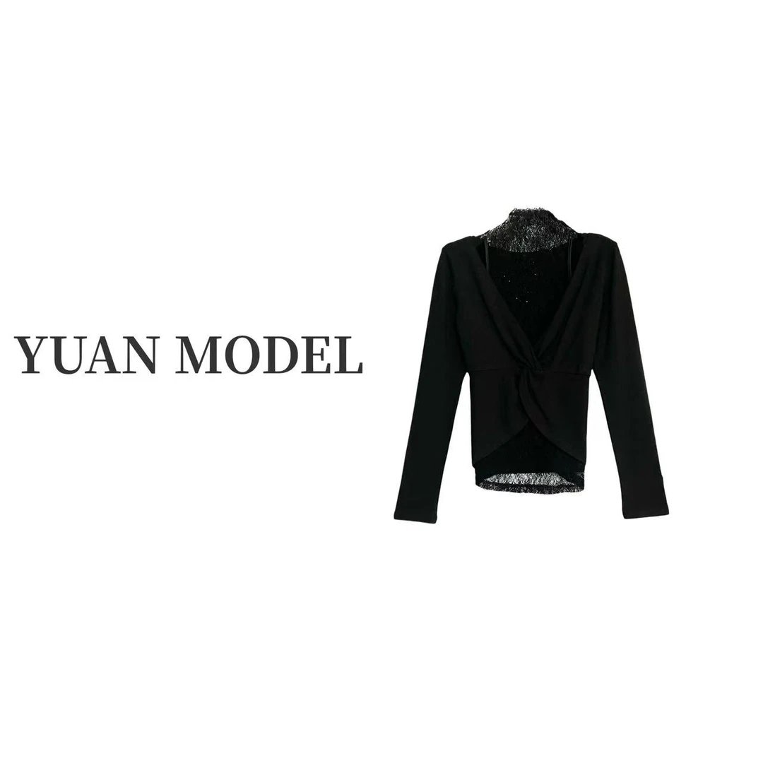 【YUAN MODEL】媛老板-时尚蕾丝拼接假两件黑色长袖T恤 B102293