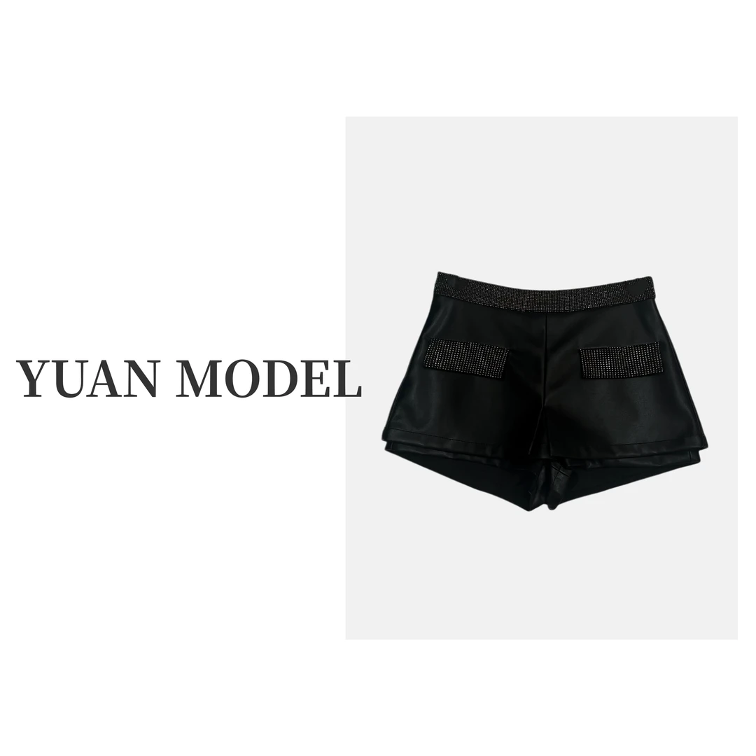 【YUAN MODEL】媛老板-时装烫钻气质假两件休闲皮短裤女装B101245
