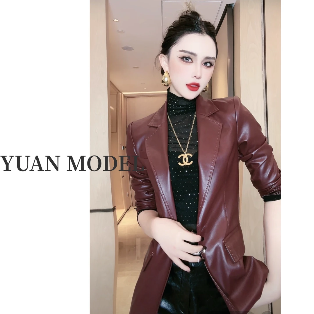 【YUAN MODEL】媛老板-秋季轻奢单扣大翻领皮外套 -B906037