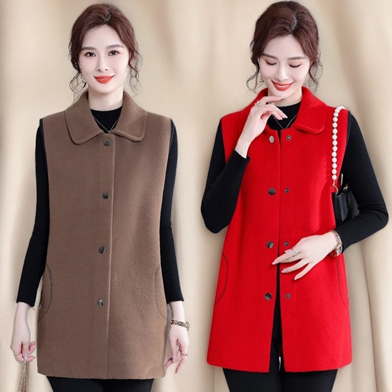 秋冬上新针织双面绒马夹中年女士妈妈装纯色翻领无袖外搭毛衣马甲