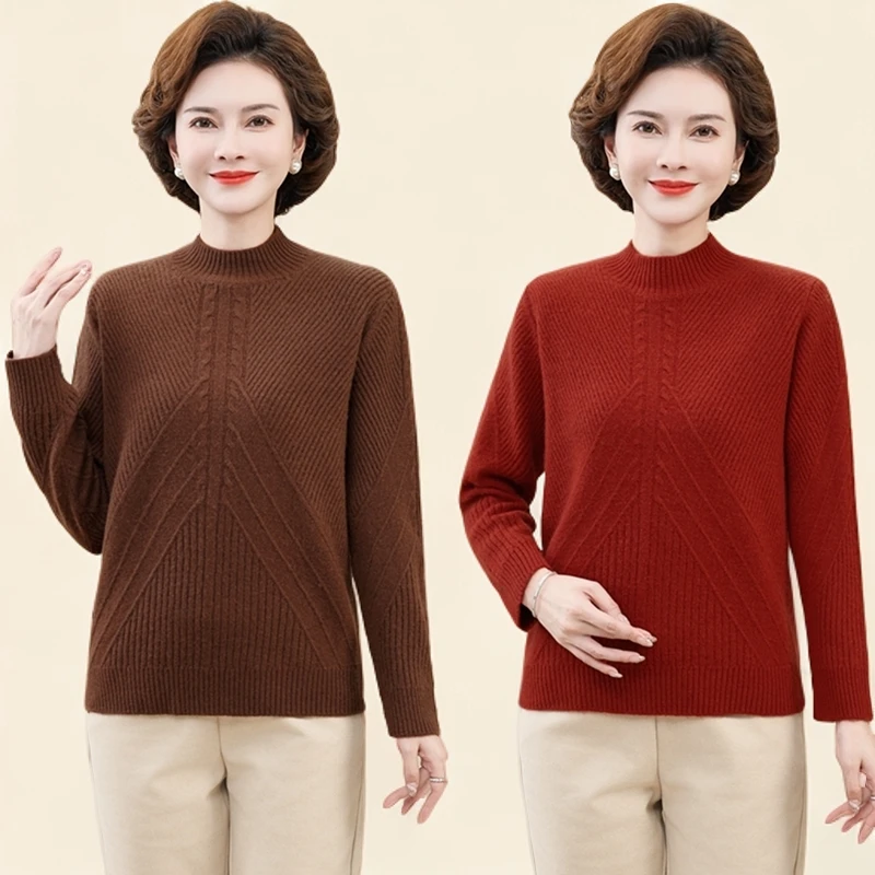 中老年半高领毛衣女秋冬新款保暖羊毛衫妈妈装纯色百搭针织打底衫