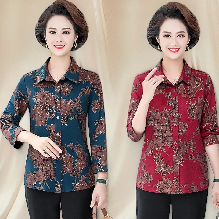 中老年女装春秋季上衣洋气质衬衫九分袖妈妈装印花新款翻领衬衣