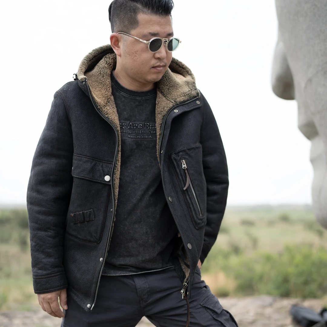 醇植浆染复古做旧原生态皮毛一体男士水洗系皮草保暖连帽夹克2408