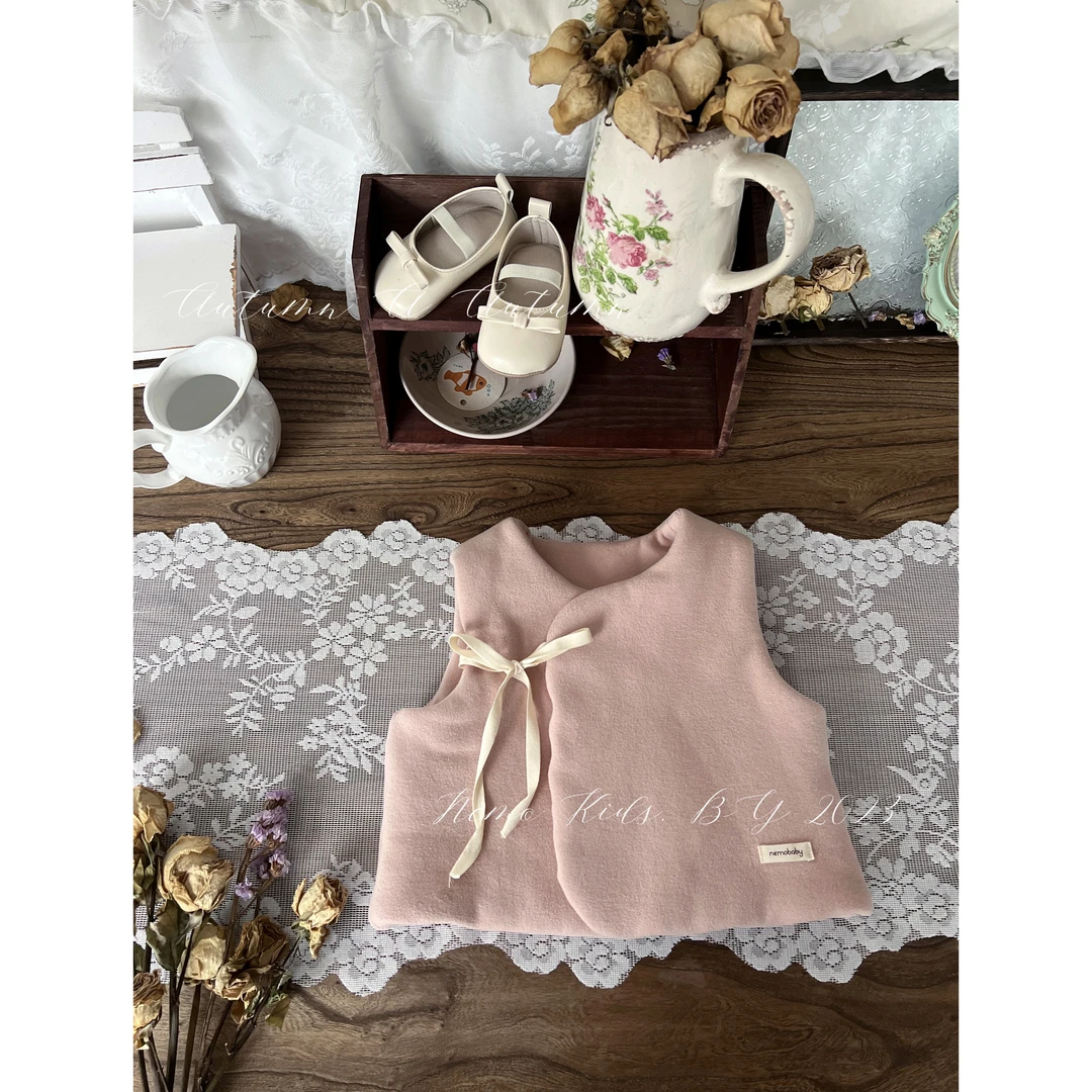 青NIMO【绒桃桃】韩版秋款宝宝百搭经典款纯色夹棉款系带保暖马甲