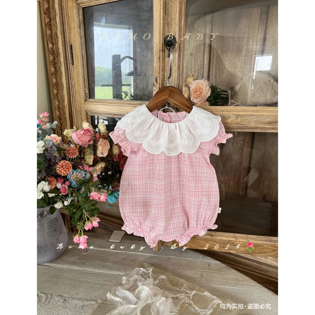 NIMO【甜酥】韩版夏季女宝宝风包屁百搭透气荷叶领格子平角包屁爬服