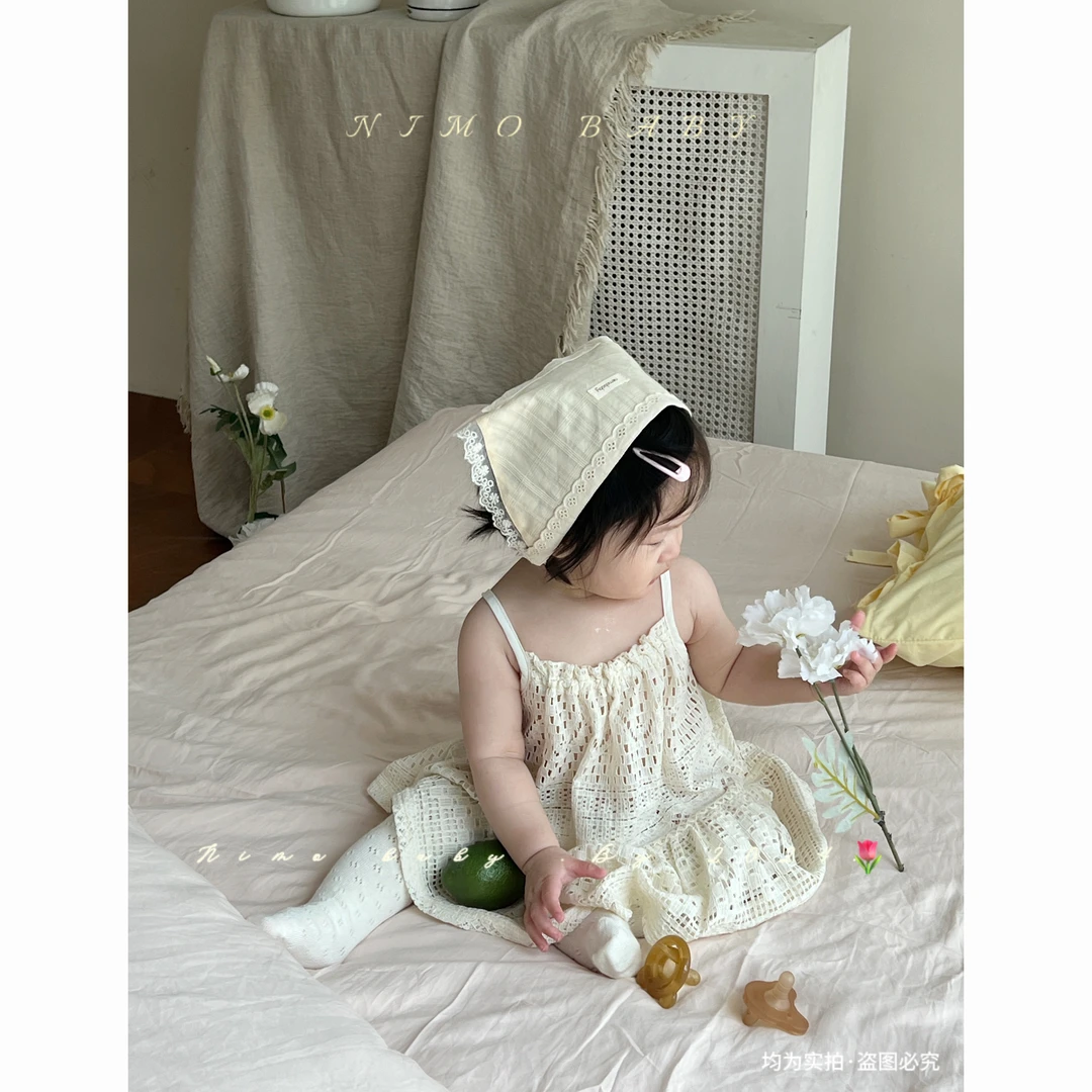 NIMO【莉莉安】韩版夏款女宝宝抽皱小吊带立领外套镂空薄外穿套装