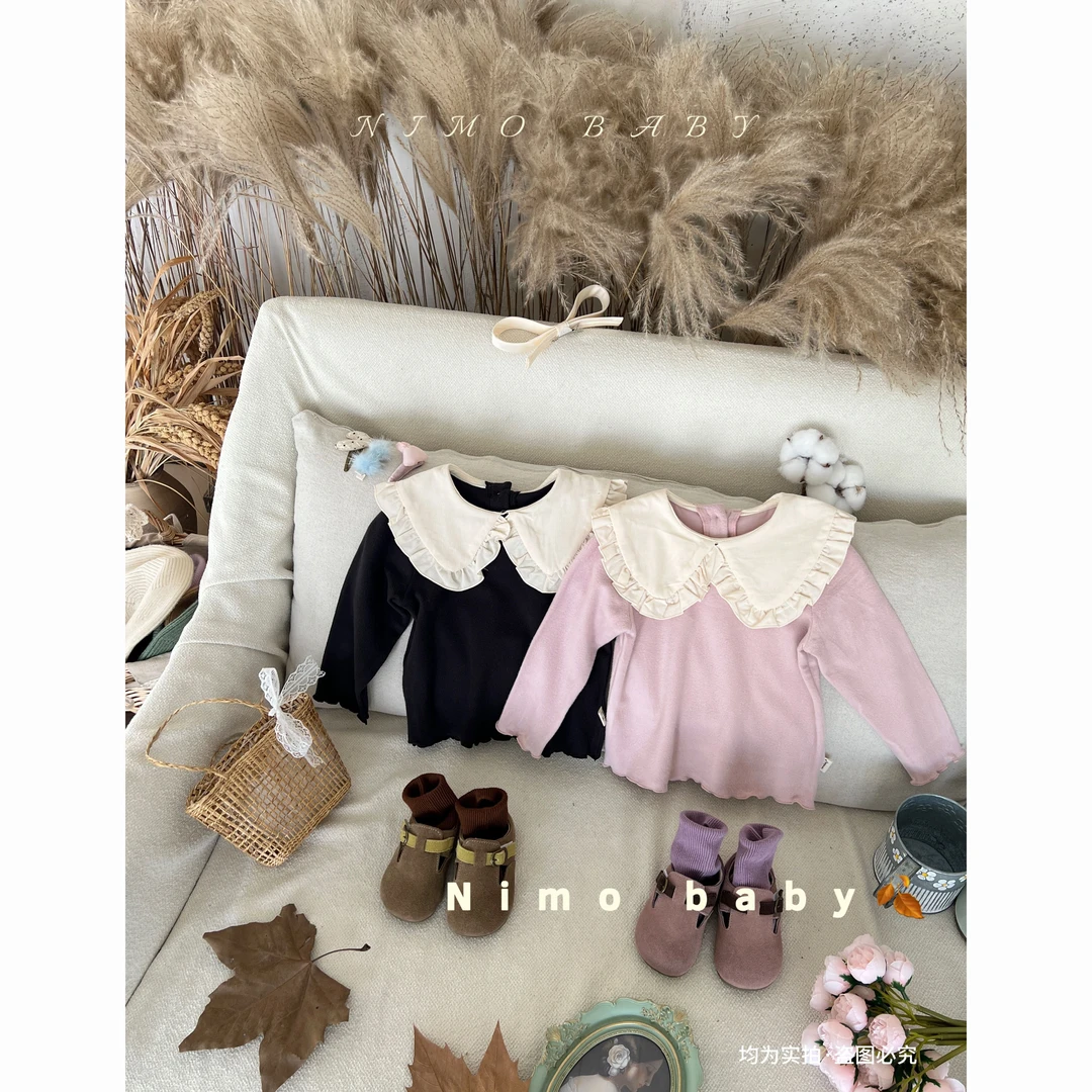 NIMO【暖甜茶】韩系秋款纯色大翻领打底衣洋气公主风长袖上衣