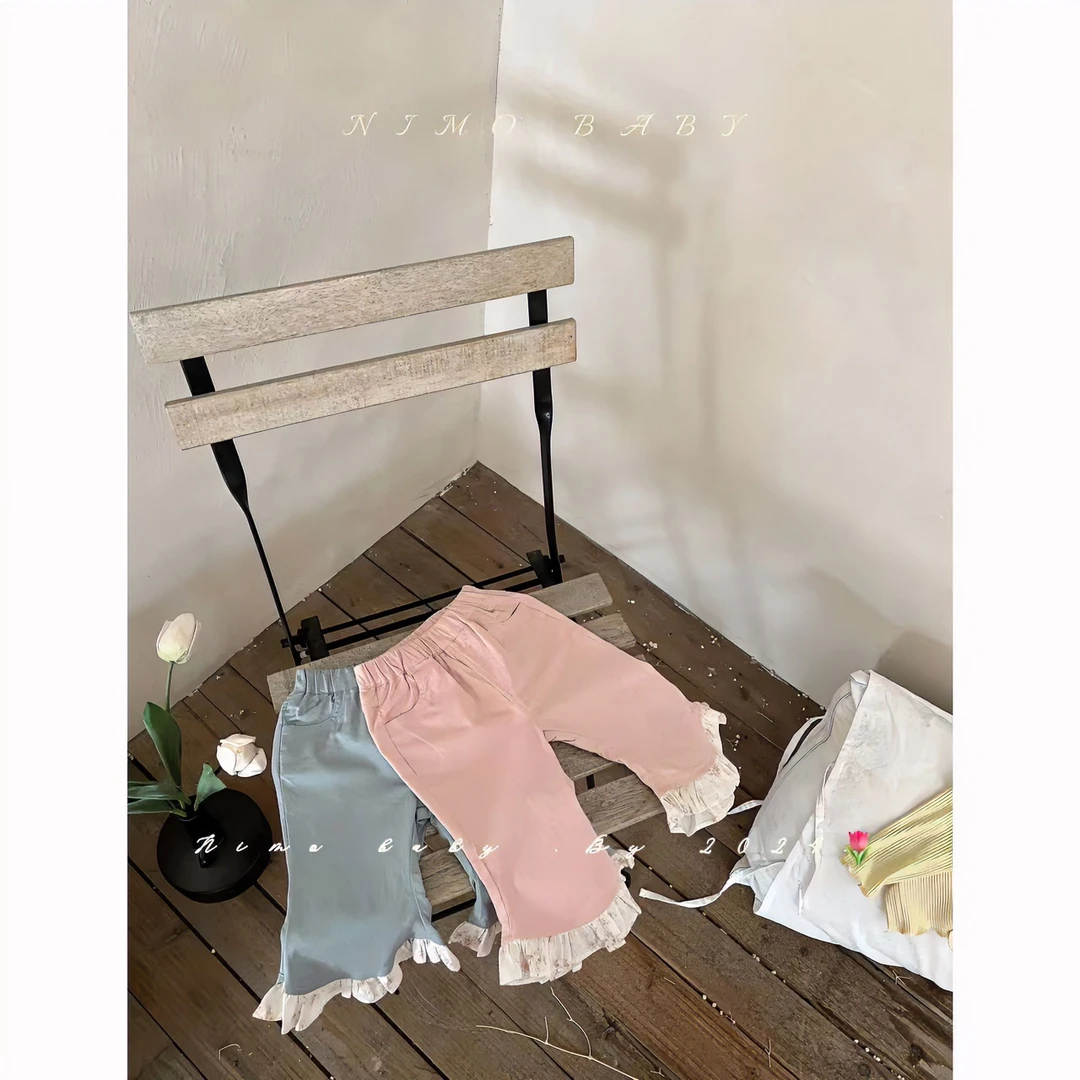 NIMO【桔梗与海】韩版春夏款女宝宝棉布纯色花边拼接百搭弹力款裤子