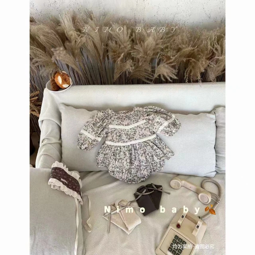 NIMO【小漫秋曲】韩版秋款宝宝温柔泡泡袖包屁棉布磨毛满印哈衣裙