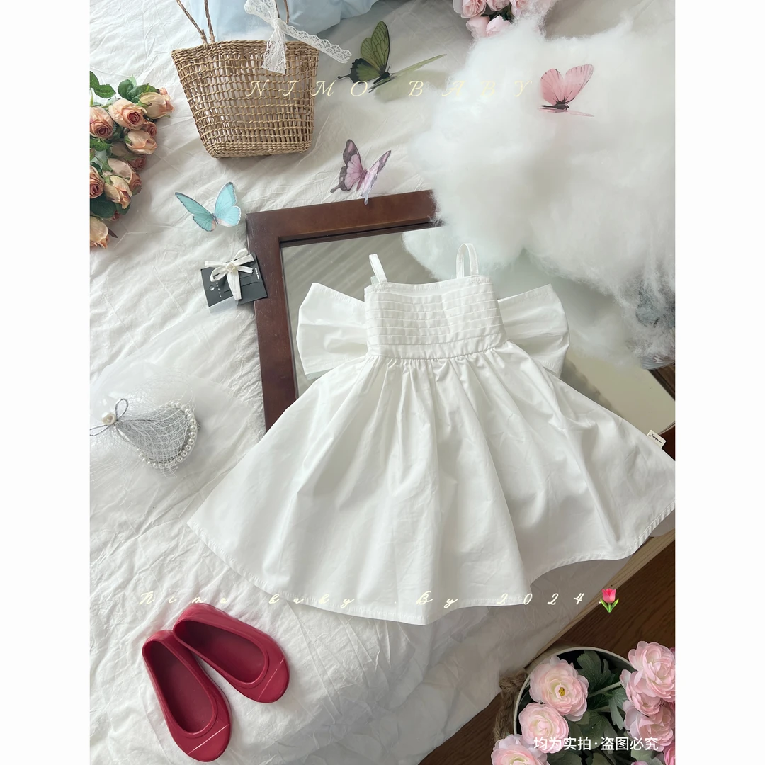 NIMO【Angel天使】韩版夏款女宝宝蝴蝶结白色甜美无袖款公主连衣裙