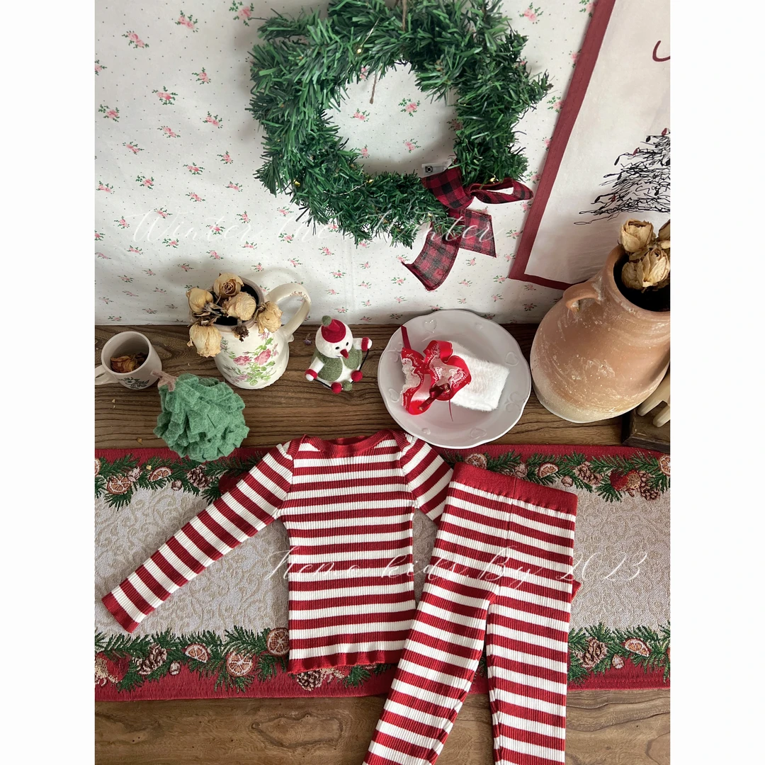 青NIMO【喜乐】韩版秋冬款宝宝红白条纹长袖上衣长裤圣诞节两件套装