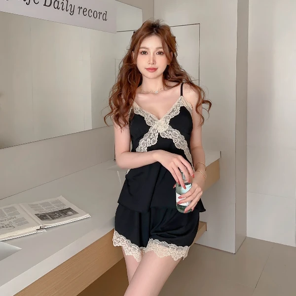 睡衣女夏季性感蕾丝诱惑吊带短裤套装带胸垫高级感轻奢纯欲家居服