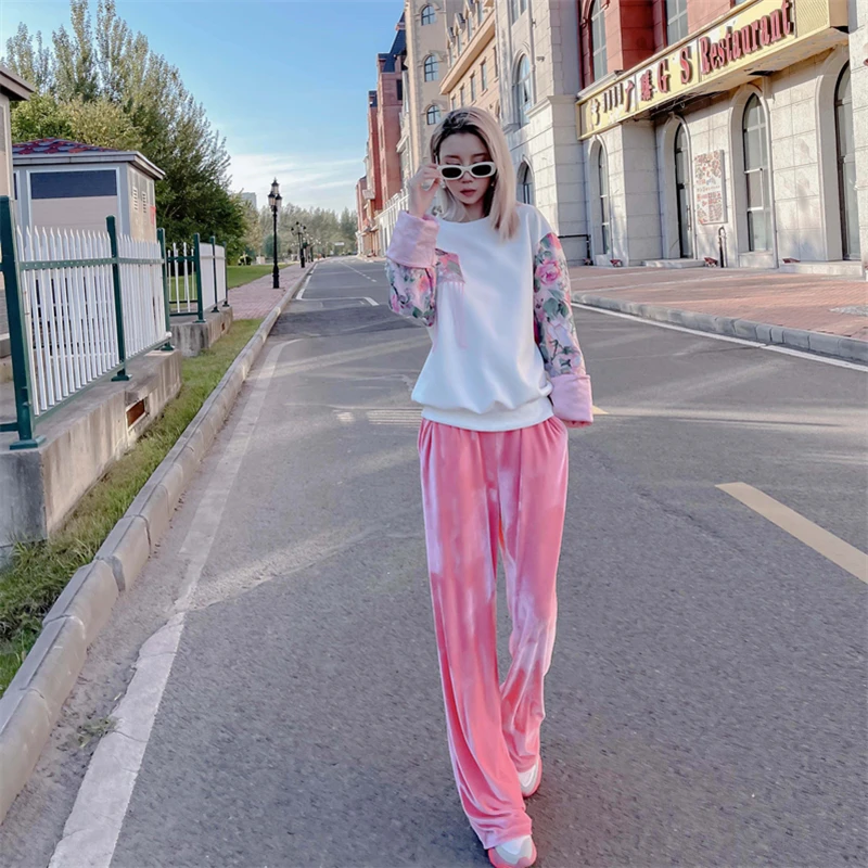 高腰丝绒阔腿裤纯色休闲卫裤女2023年秋季新款欧货减龄百搭欧洲站