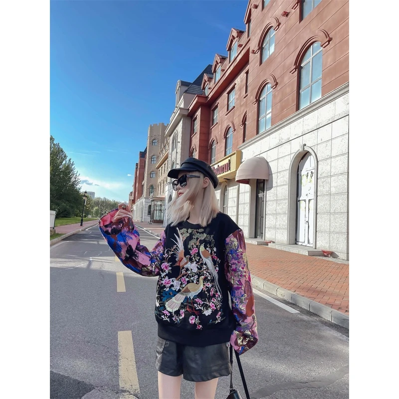 重工刺绣卫衣女2023年秋季新款宽松设计感中国风休闲套头T恤上衣