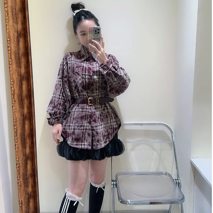 大观欧货做旧格子腰带衬衫