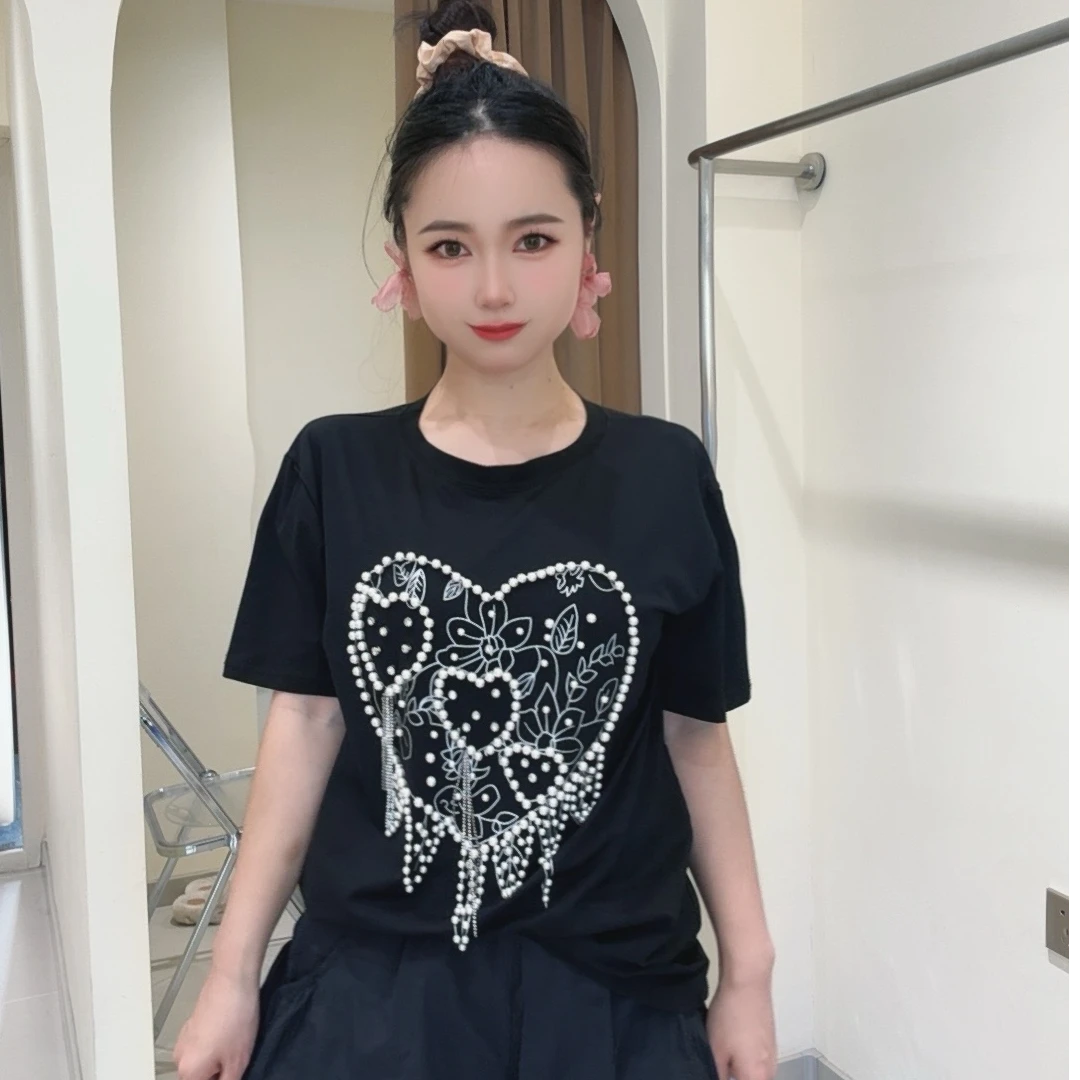 欧货女装纯色爱心图案短袖