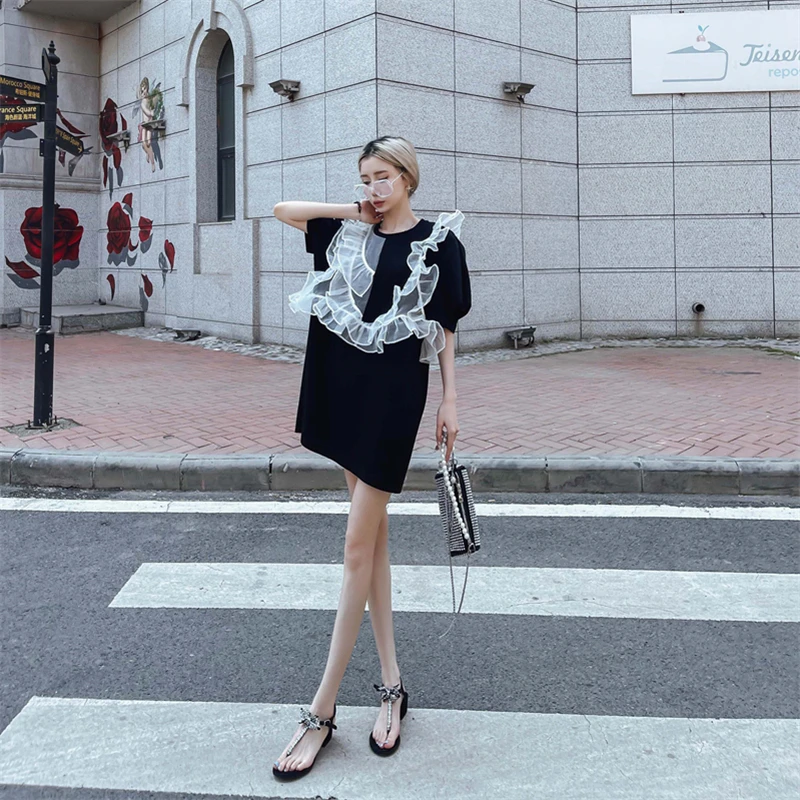 欧洲站菲边连衣裙女新款芭依家经典夏季设计感小众宽松妃子T恤裙